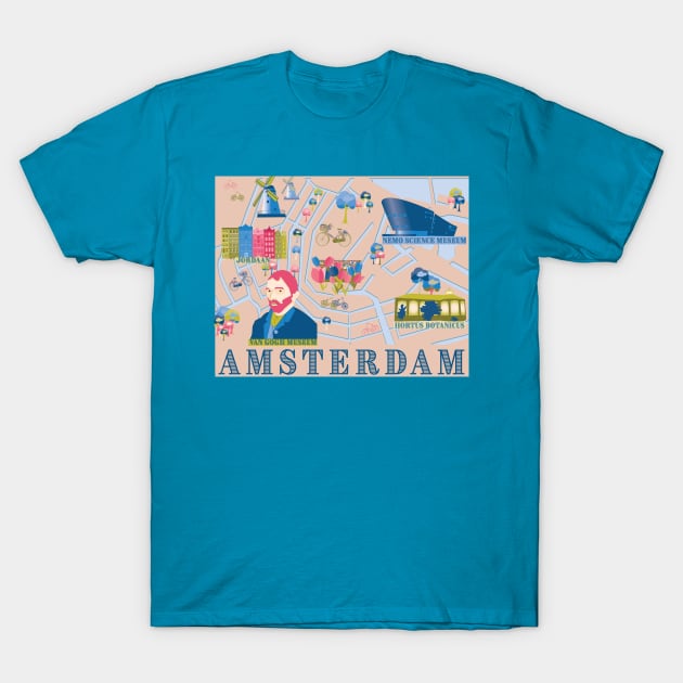 Amsterdam, Netherlands Illustrated Map T-Shirt by 7Hancocks